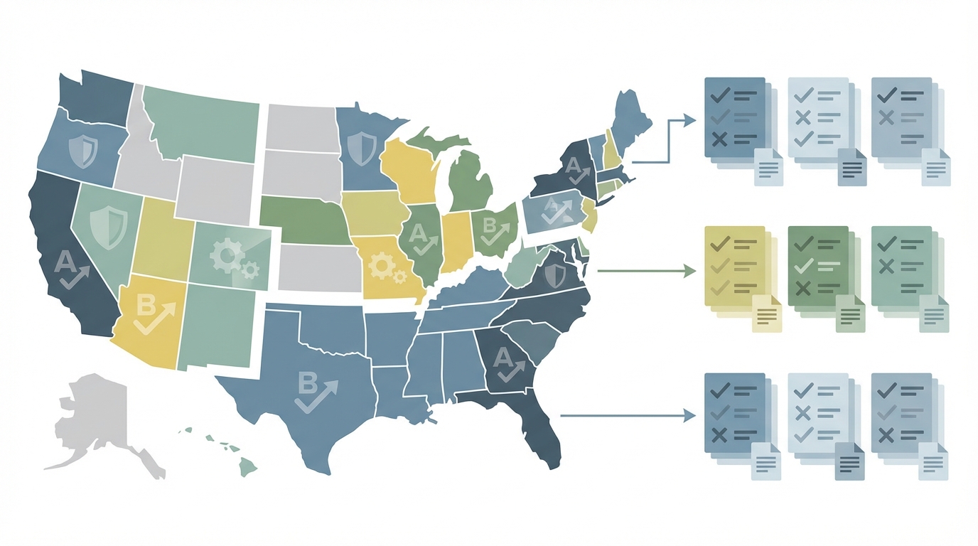 Talent operations lead reviewing a multistate hiring compliance map and checklist for salary history ban coverage